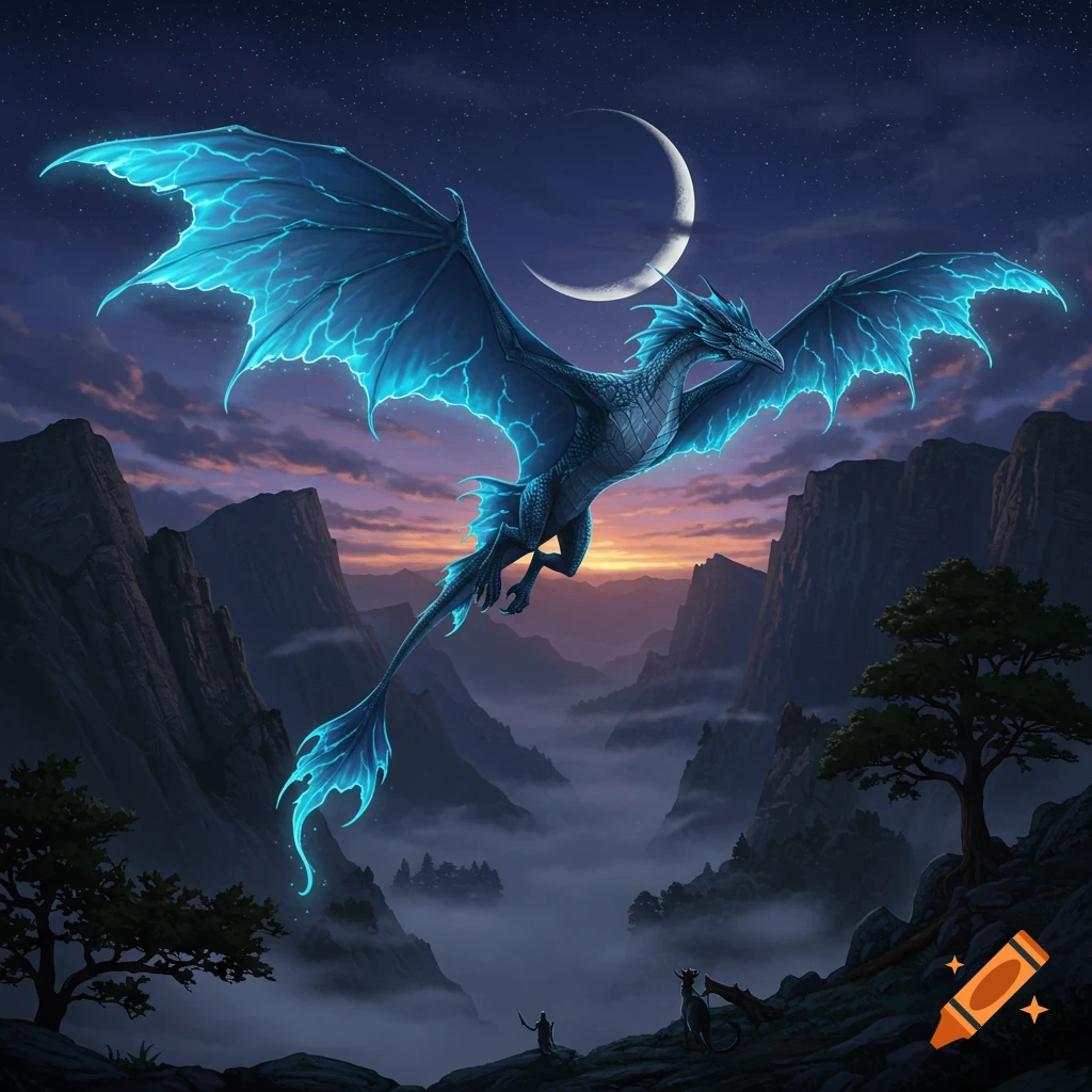 A blue dragon with glowing wings flies over misty mountains under a crescent moon at twilight, with tiny figures below.