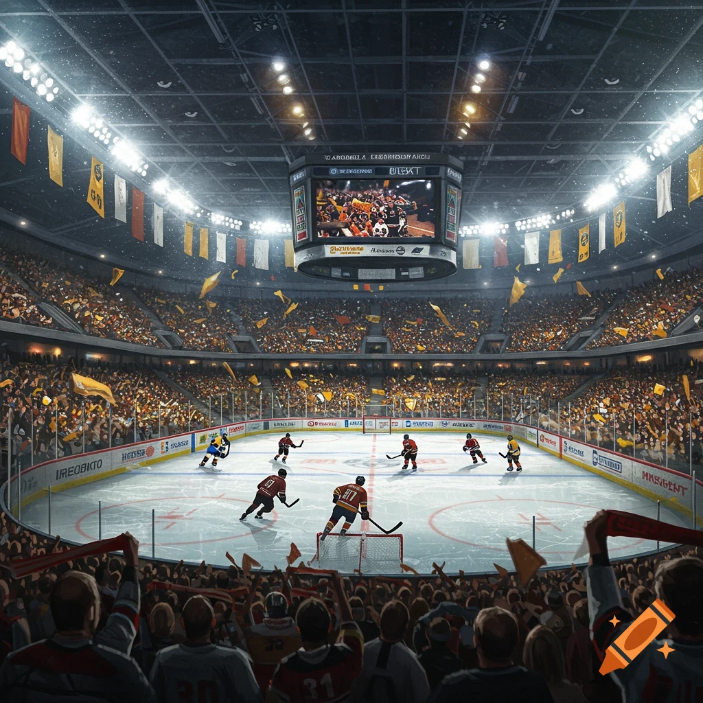 Photorealistic view of an ice hockey game in a brightly lit stadium, packed with cheering fans, players on the ice, and a large scoreboard.