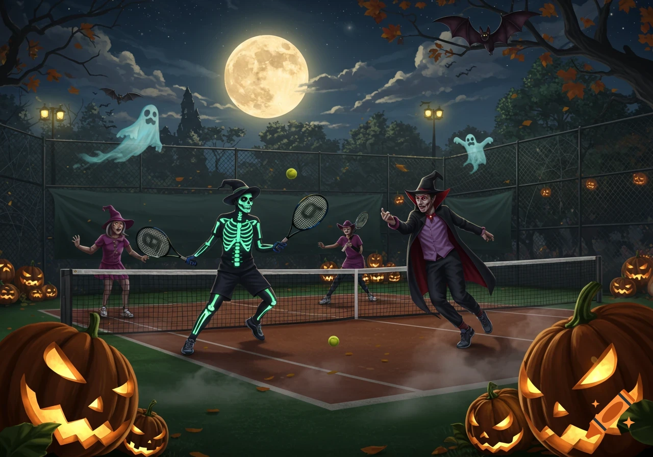 A Halloween-themed tennis match at night under a full moon, with costumed players (skeleton, vampire, witches), ghosts, bats, and jack-o'-lanterns.