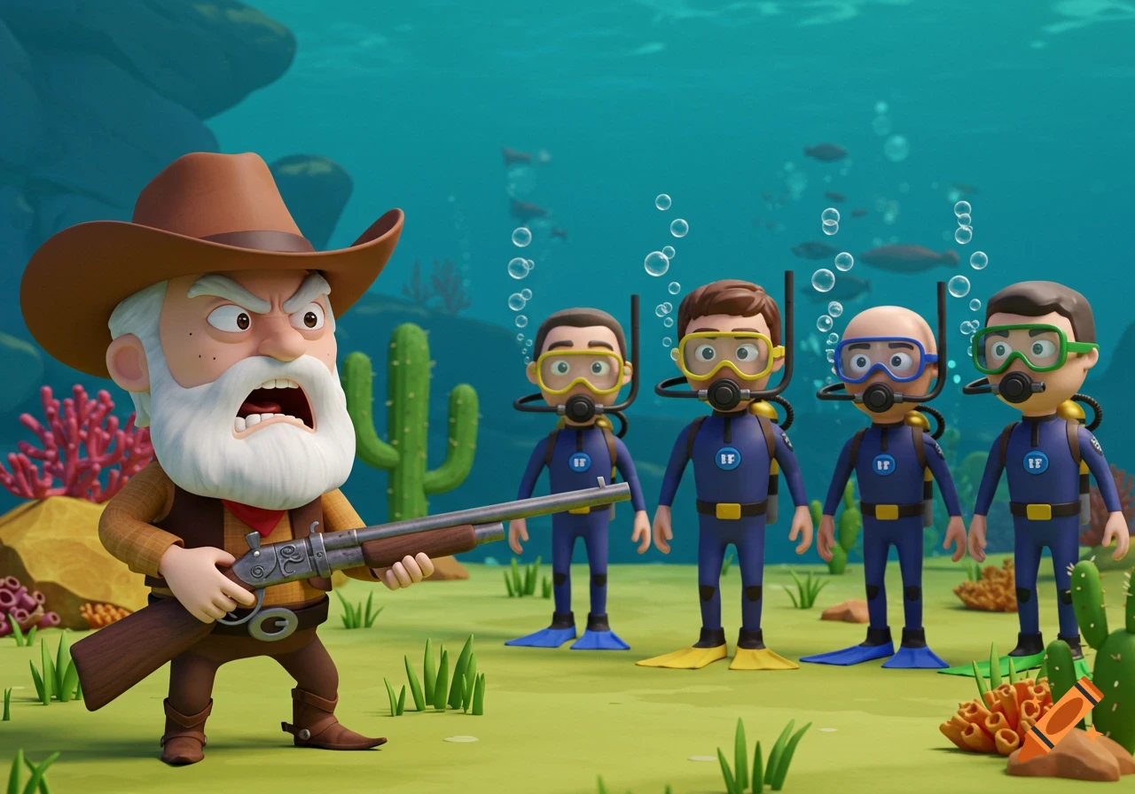 A cartoon cowboy holding a rifle yells at four scuba divers underwater, with cacti and coral in the background.