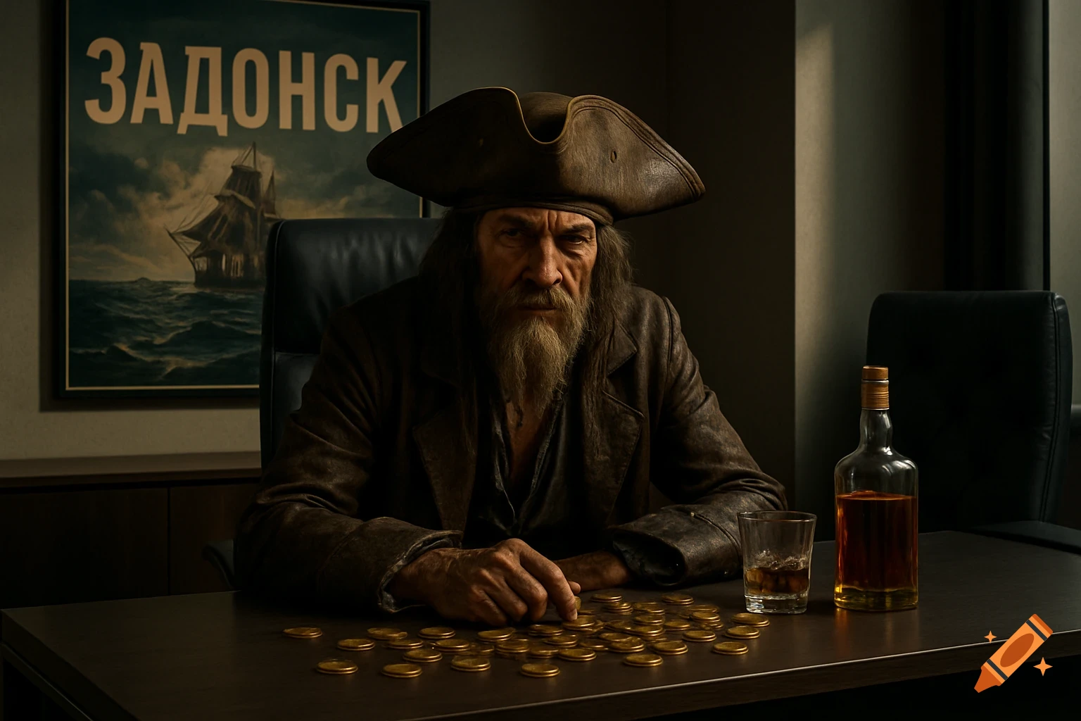 Photorealistic image of an old pirate in a tricorn hat at a modern office desk with rum, coins, and a poster reading 'ЗАДОНСК' behind him.