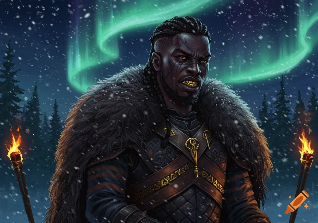A dark-skinned man with braids, facial markings, and gold grillz, wearing a fur cloak, stands fiercely in a snowy forest under green aurora and torches. Fantasy art.