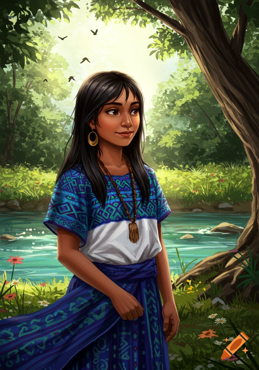 Illustration of a young indigenous girl in a patterned blue tunic and skirt, standing by a river in a sunlit forest.