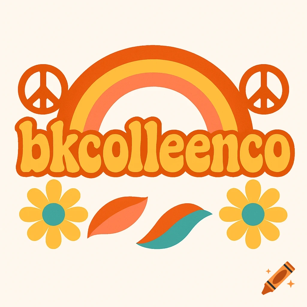 Retro logo for 'bkcolleenco' with orange bubble letters, a rainbow, peace signs, and daisy flowers on a cream background.