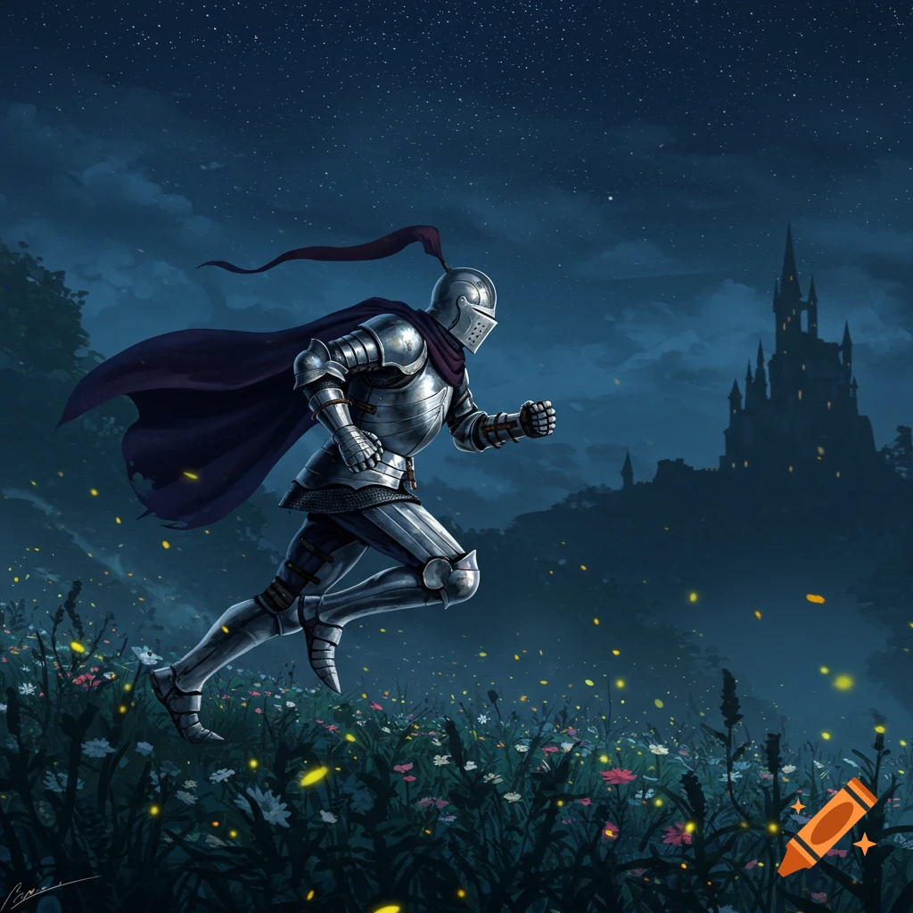 A knight in shining armor runs through a field of glowing flowers at night, a dark castle silhouetted against the starry sky.