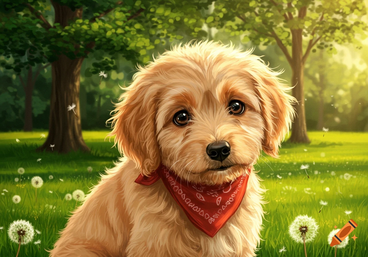 An adorable fluffy golden puppy with big brown eyes and a red bandana sits in a lush green park filled with dandelions, in a vibrant illustrative style.