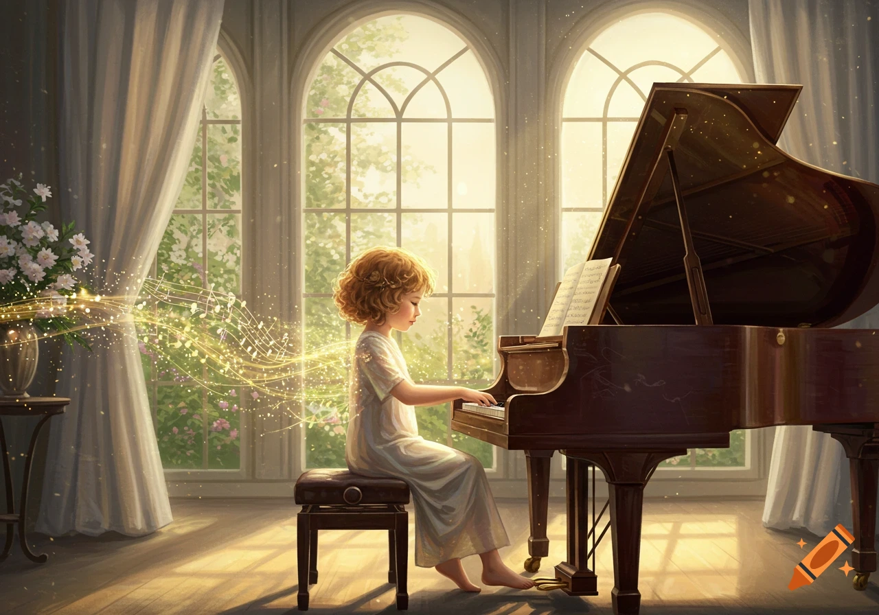 A young child with curly red hair plays a grand piano in a sunlit room, with glowing musical notes emanating from the instrument.
