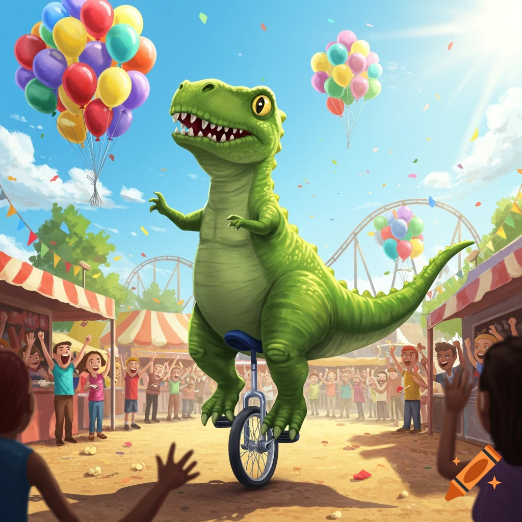 A green cartoon dinosaur balances on a unicycle at a sunny carnival with balloons and cheering crowds.