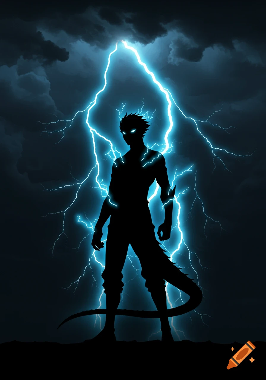 Minimalist anime silhouette of a half-kaiju character outlined by glowing blue lightning against a dark stormy sky.