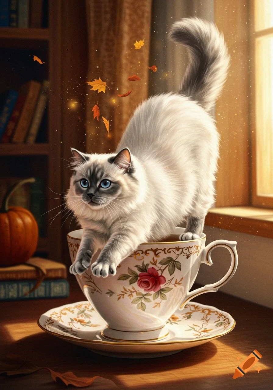 Fluffy white Ragdoll cat with blue eyes climbing out of a floral teacup, surrounded by falling autumn leaves in a warm, illustrative style.