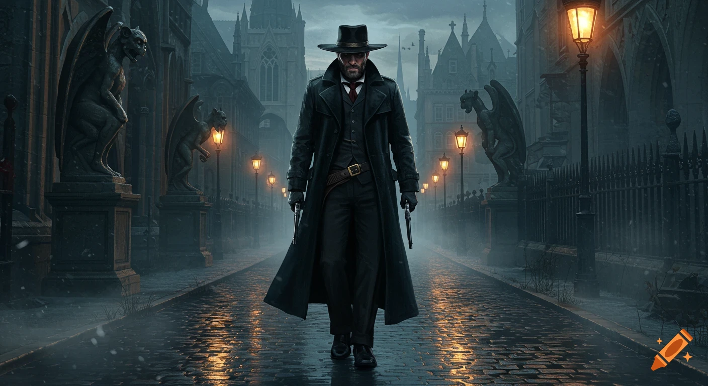 A mysterious gunslinger in a black coat and hat walks a rainy gothic street, holding two pistols, flanked by gargoyles and glowing streetlights.