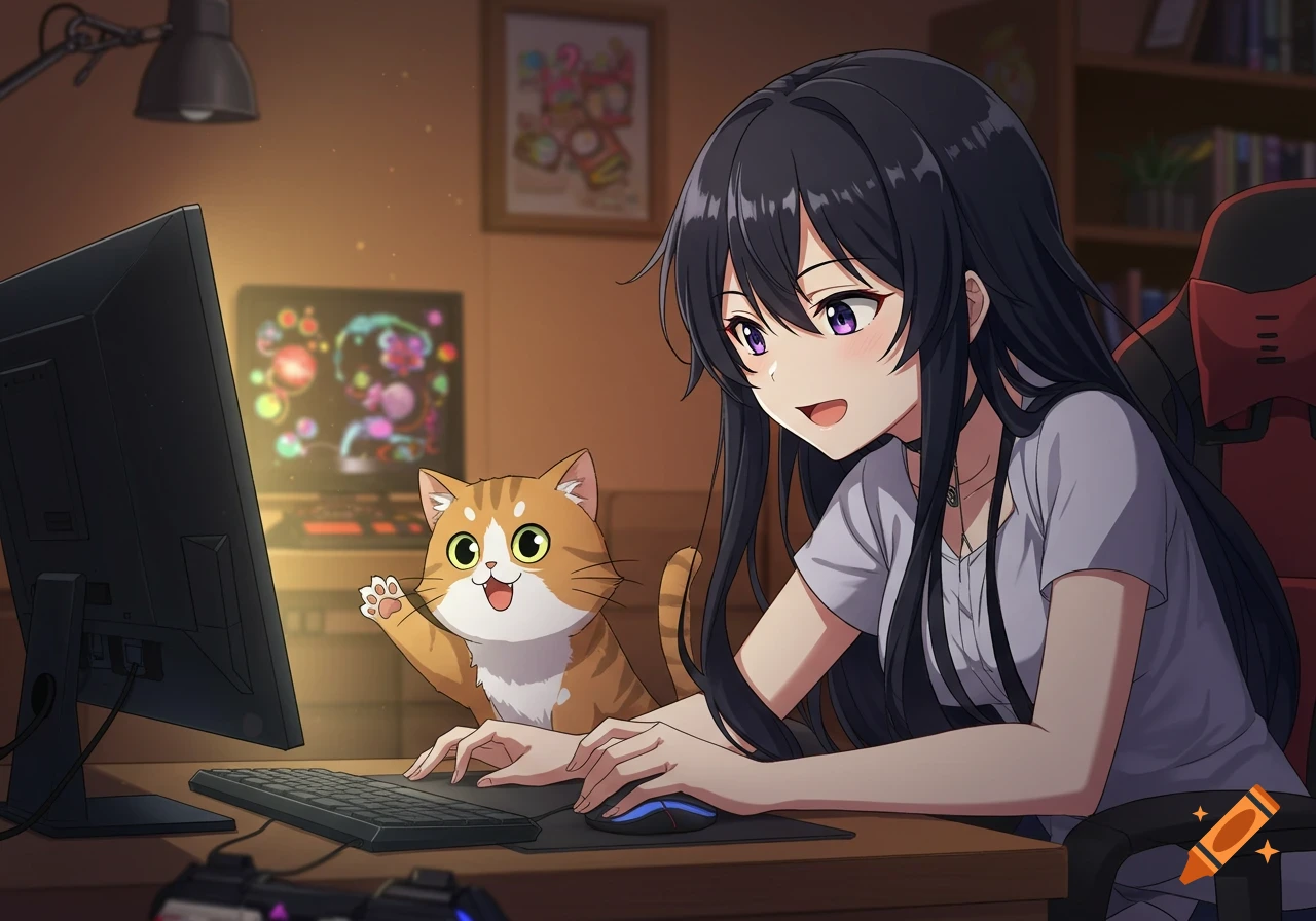 Anime girl with long black hair and a ginger cat at a computer desk, with the cat waving a paw.