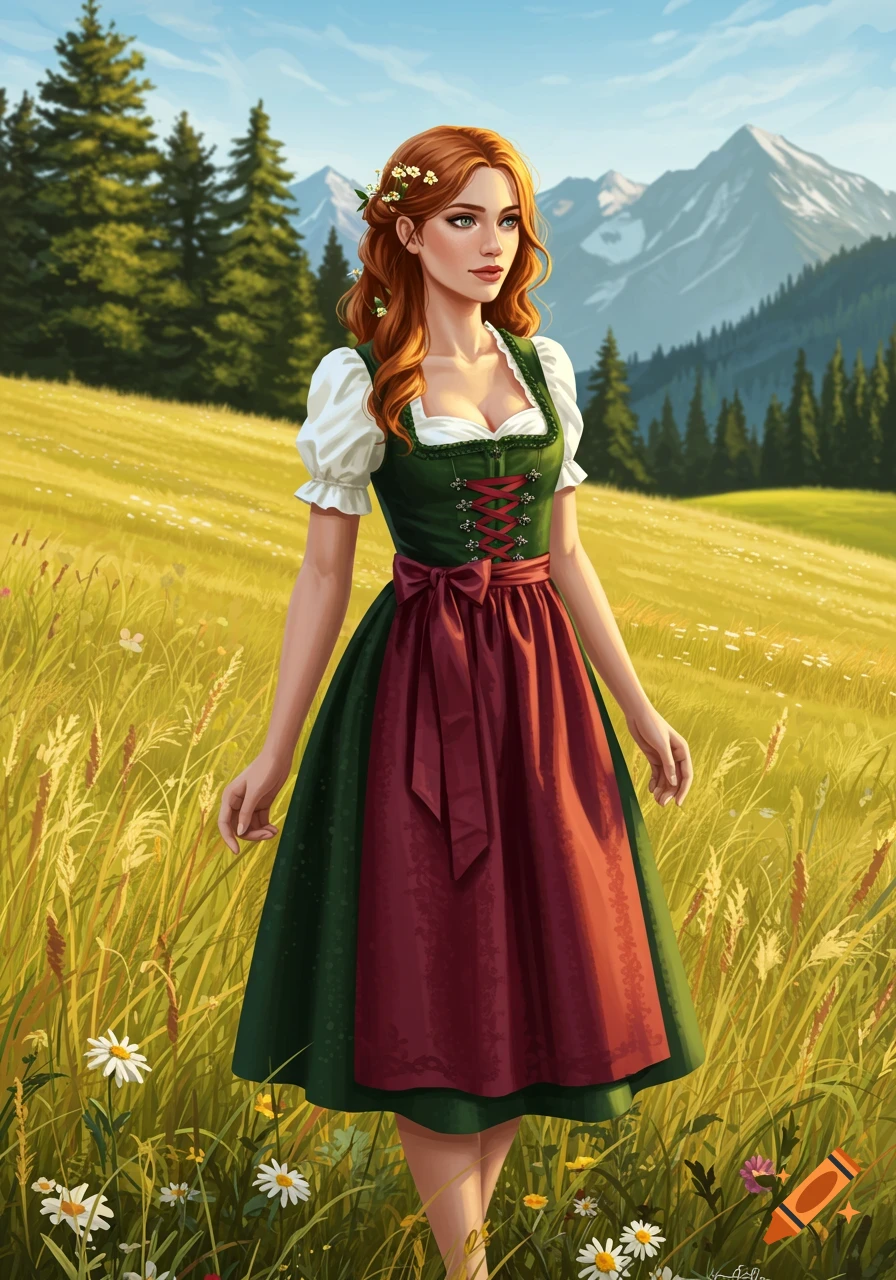 A woman with red hair wearing a traditional green and red dirndl stands in a sunny mountain meadow with pine trees and snow-capped peaks in the background, digital art.
