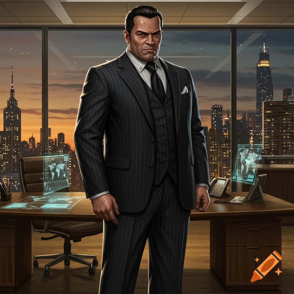 A stern man in a dark pinstripe suit stands in a modern office, looking out at a city skyline at sunset, in a stylized art style.