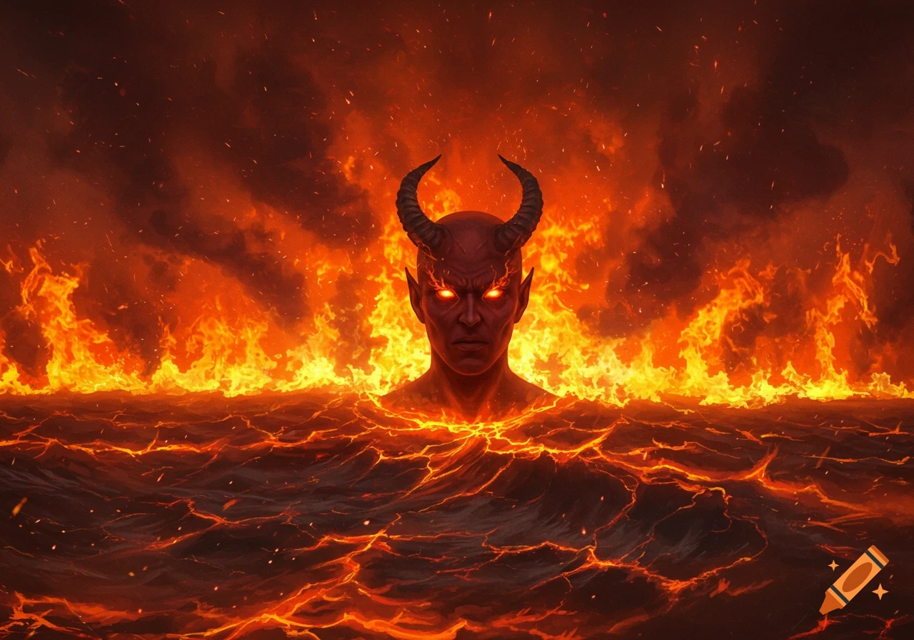A red-skinned devil with horns and glowing eyes emerges from a fiery sea of lava under a smoky, flaming sky, in a digital art style.