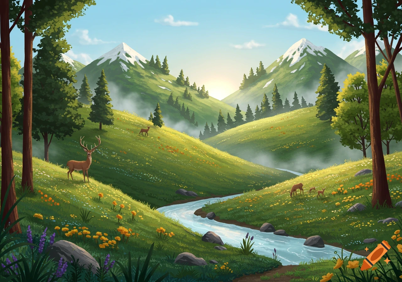An illustration of a vibrant mountain valley with a winding river, green hills, tall trees, snow-capped peaks, and deer.