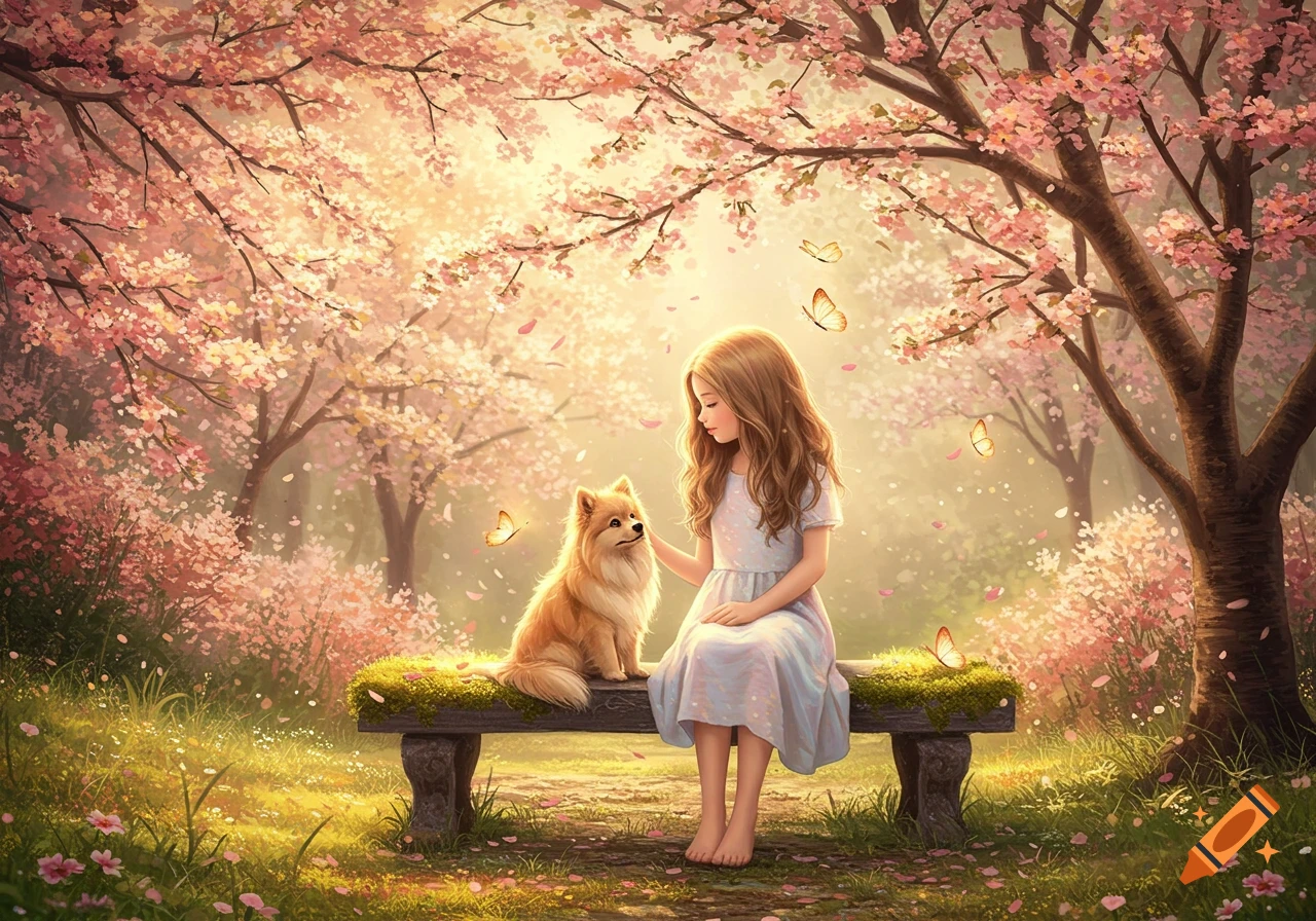 Illustrated girl petting a fluffy dog on a mossy bench in a dreamy cherry blossom forest with butterflies.