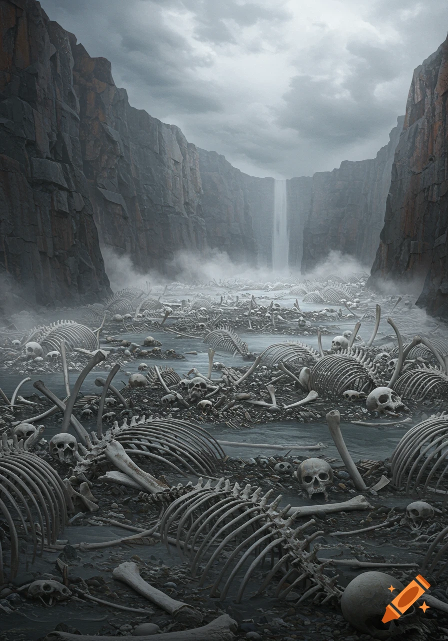 A dark, eerie landscape showing a valley filled with countless human skeletons and bones, with a waterfall in the distance under a cloudy sky.
