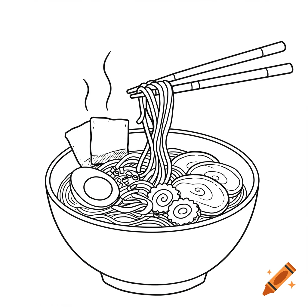 Black and white line art illustration of a bowl of steaming ramen, with chopsticks lifting noodles. Toppings include an egg, narutomaki, and chashu.