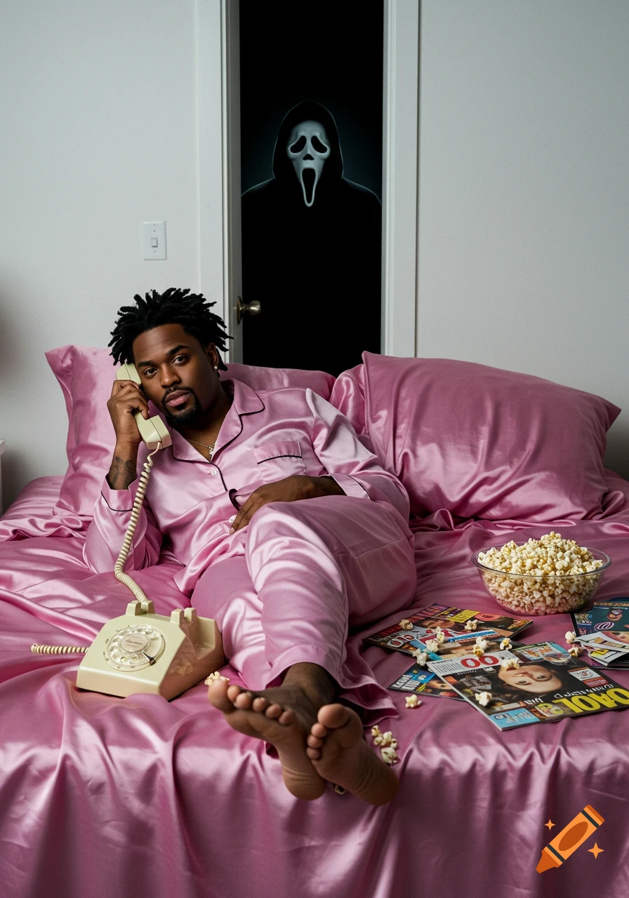 A man in pink satin pajamas lies on a bed, talking on a retro phone, with popcorn and magazines around him, while Ghostface looms in a doorway.