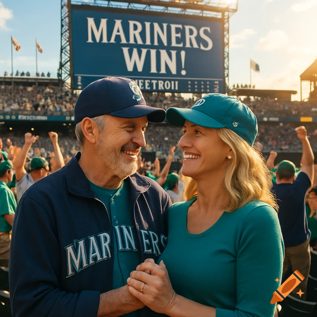 A smiling older couple in baseball caps and team shirts holds hands at a Mariners game, with "MARINERS WIN!" on the scoreboard.