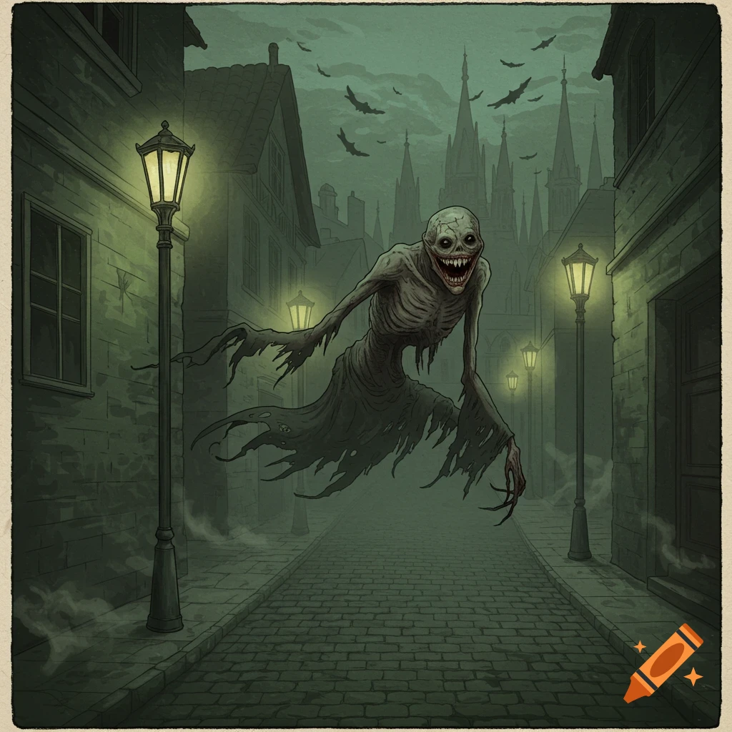 A skeletal, grinning ghost creature floats down a foggy, dark city street lit by gas lamps, with gothic buildings and bats flying.