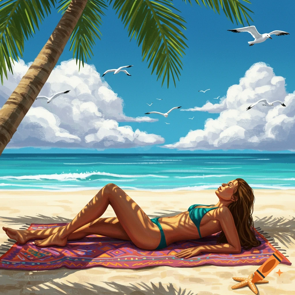 An illustration of a woman in a bikini sunbathing on a patterned mat under a palm tree on a tropical beach with ocean and seagulls.