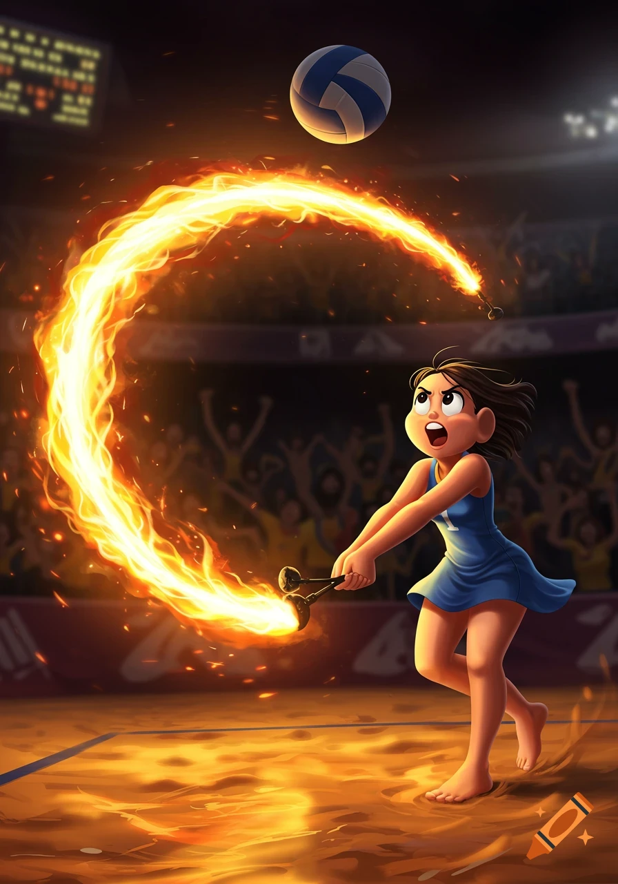 Cartoon girl with a determined expression plays volleyball, wielding fireblades that create a flaming arc in a stadium.