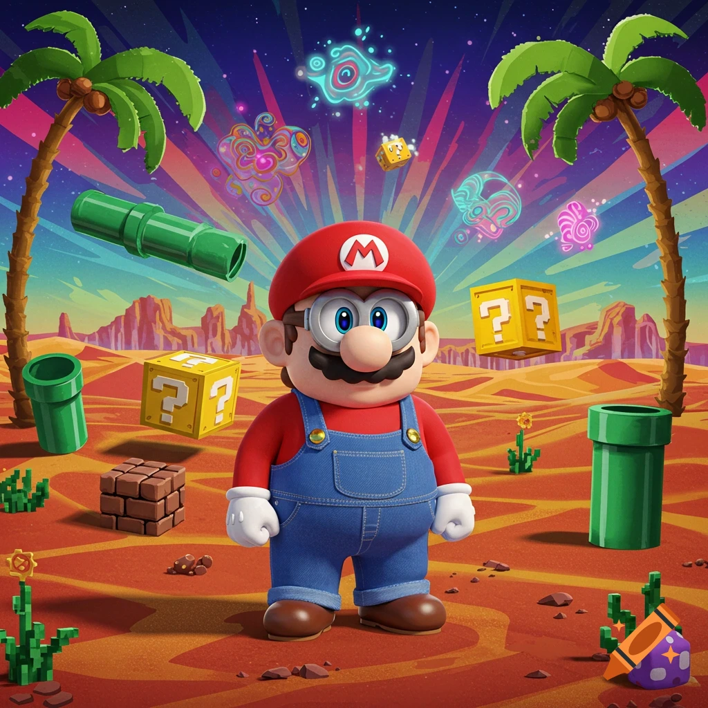Mario with goggles stands in a psychedelic desert with palm trees, question blocks, and glowing symbols.