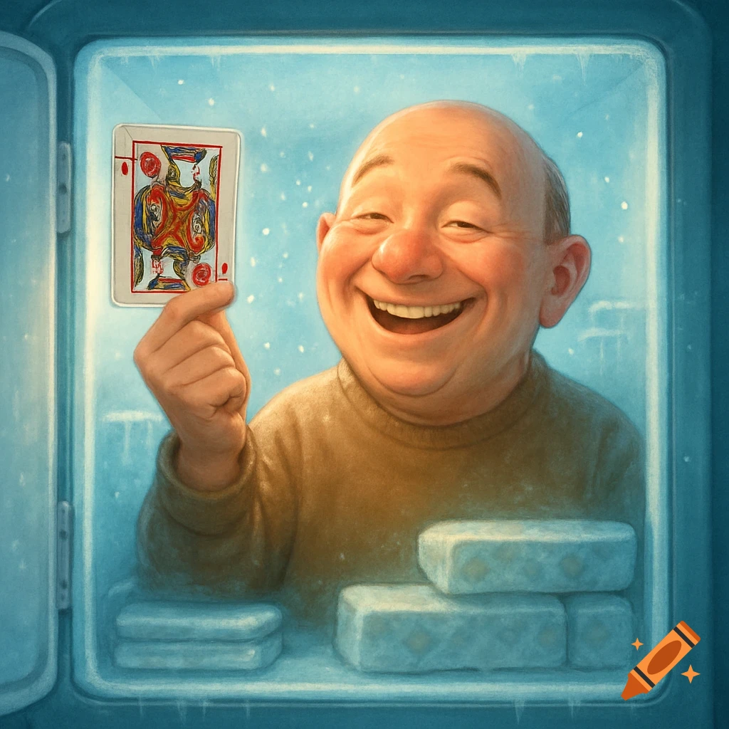 A smiling bald man in a cold freezer holding up a playing card, which is a Jack of Hearts. The image has a stylized, illustrative quality.
