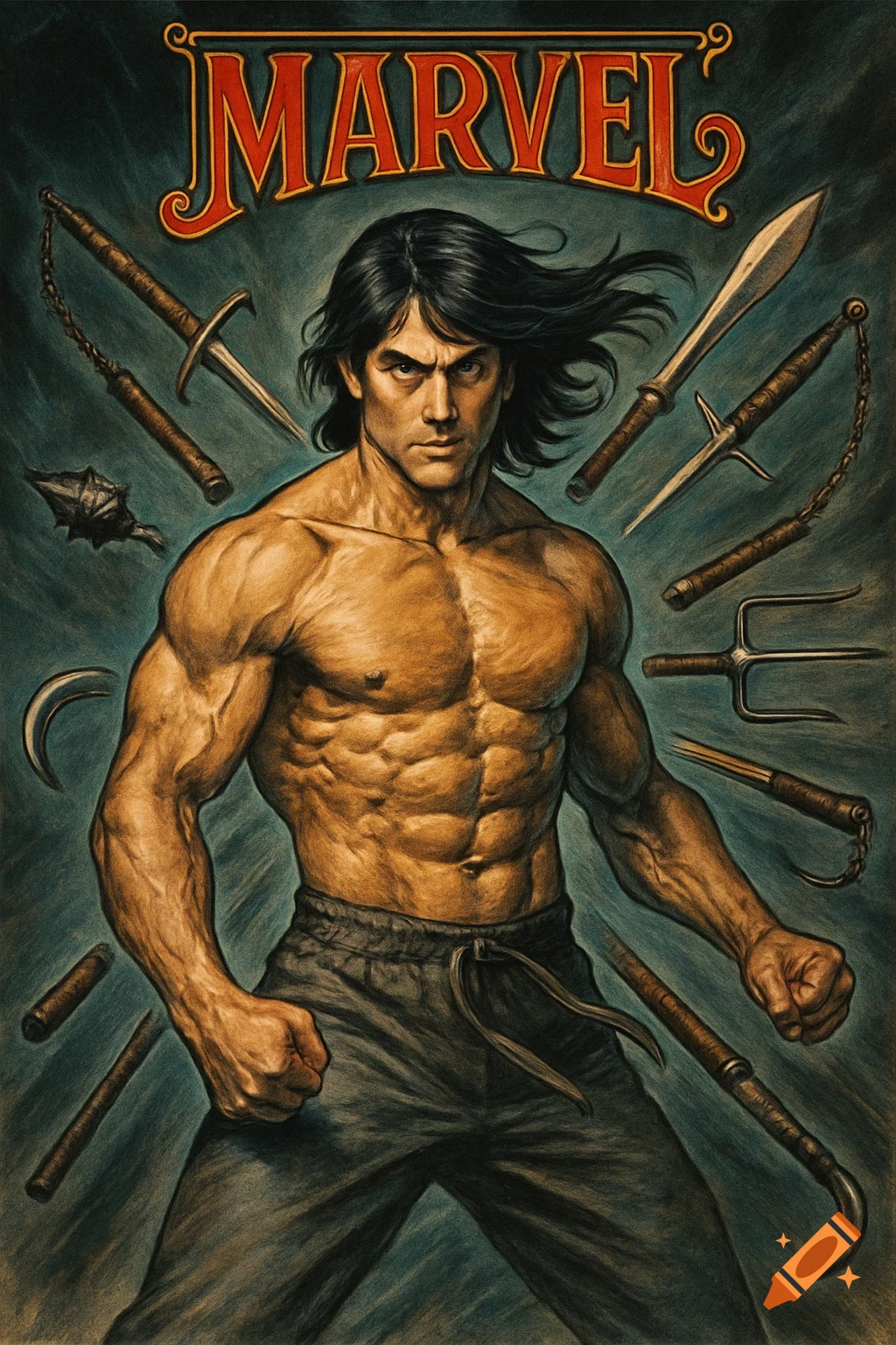 Muscular man with dark hair, bare-chested and wearing gray pants, stands amidst an array of martial arts weapons. 'MARVEL' text above. Comic art style.