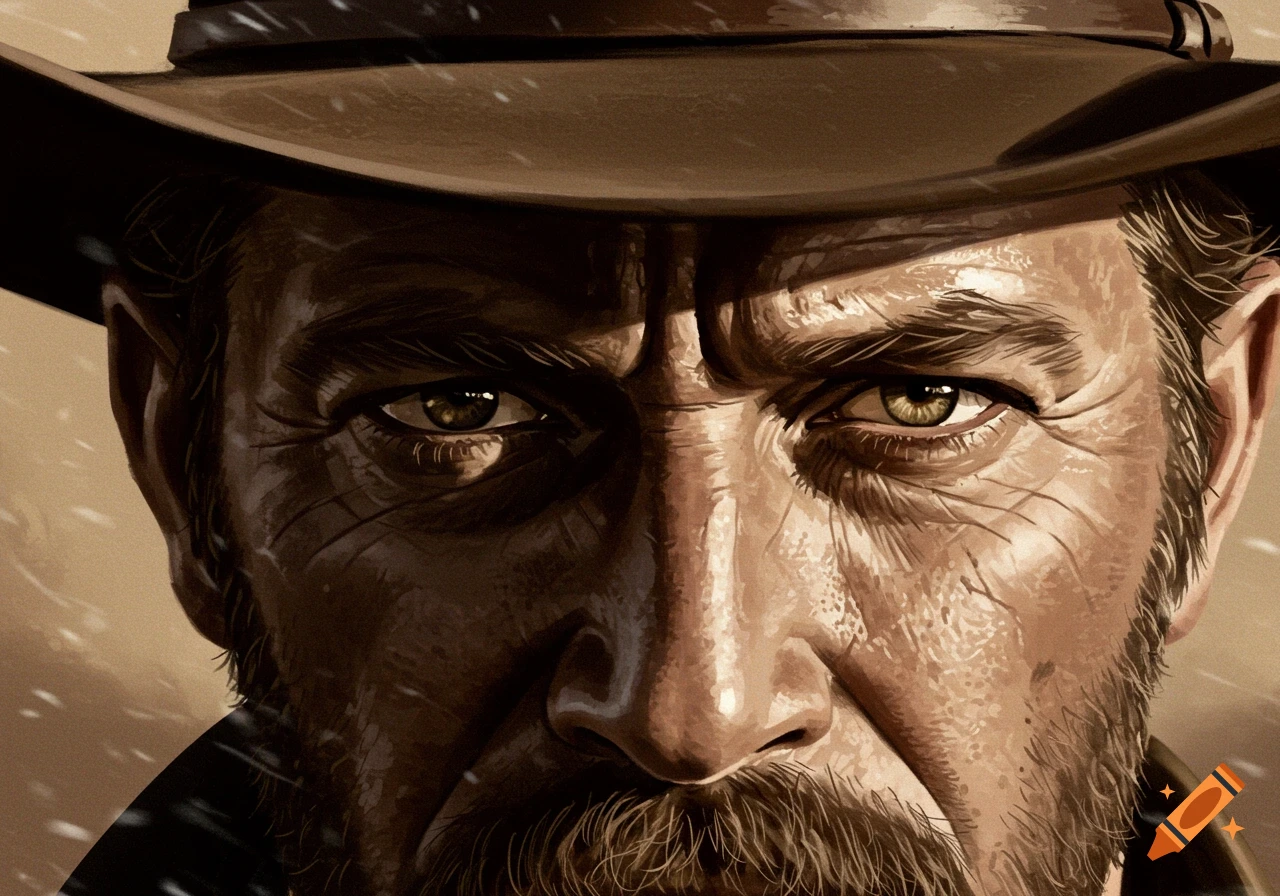 Close-up of a rugged cowboy's face with a hat, beard, and intense eyes, rendered in a classic western film style.
