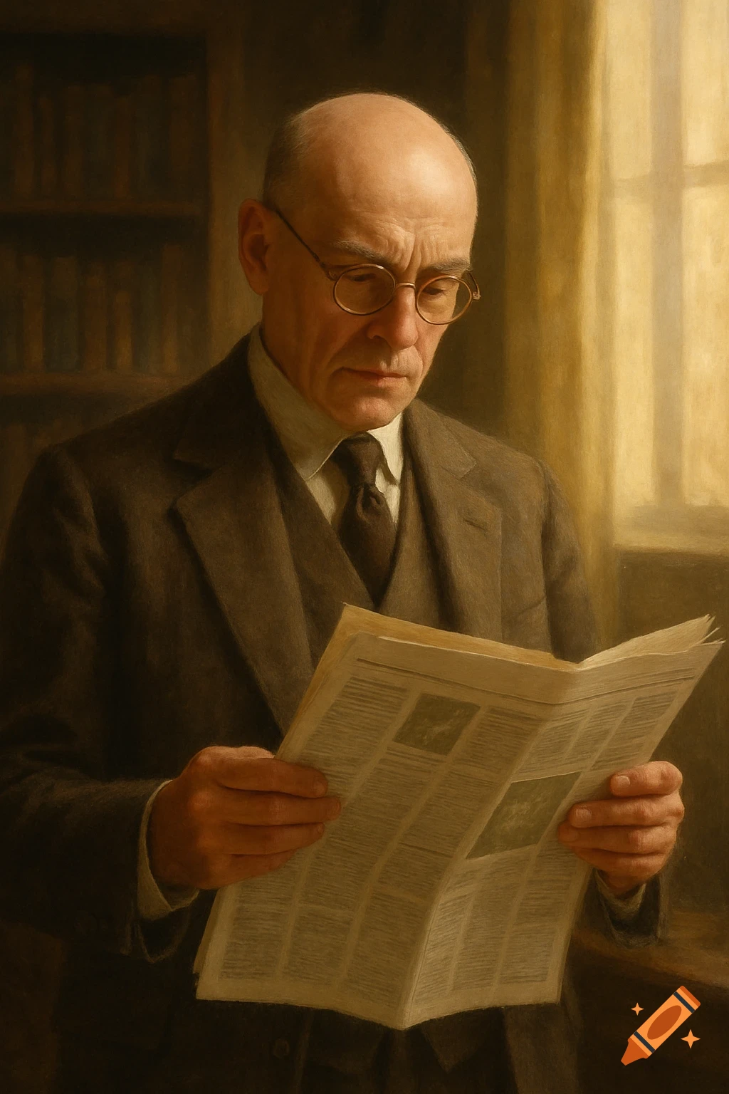 A balding man with glasses, wearing a suit and tie, is depicted in a painting, looking down intently at a newspaper he holds.