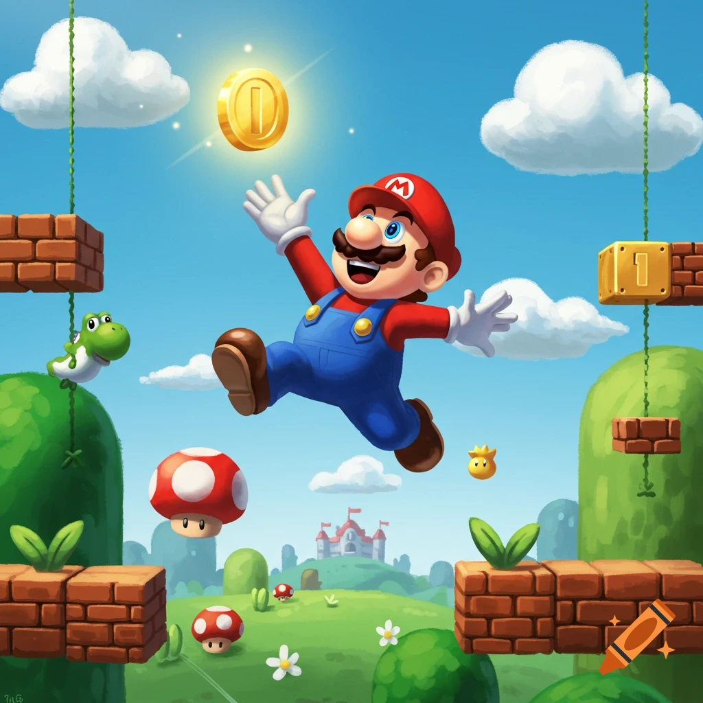 Mario jumps to collect a coin in a colorful cartoon landscape with classic game elements like mushrooms, brick blocks, and Yoshi.