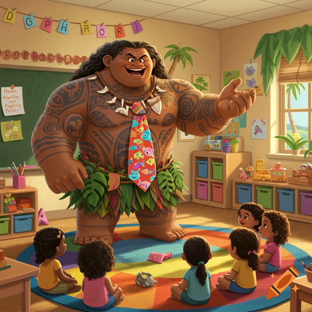 Cartoon Maui from Moana as a preschool teacher, wearing a colorful tie and leaf skirt, instructing children in a classroom.