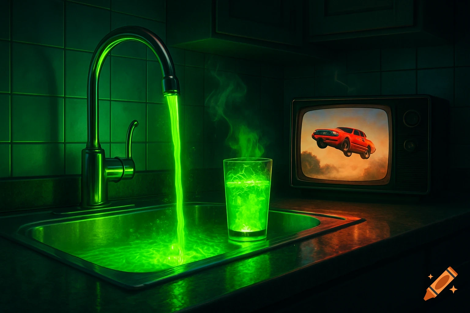 A kitchen sink with a tap flowing bright green, glowing liquid into the basin, where a glass of the same liquid sits. A TV shows a red car jumping.