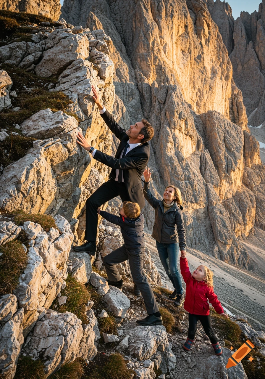 A family, including a man in a suit, a woman, and two children, climbs a steep, rocky mountain path.