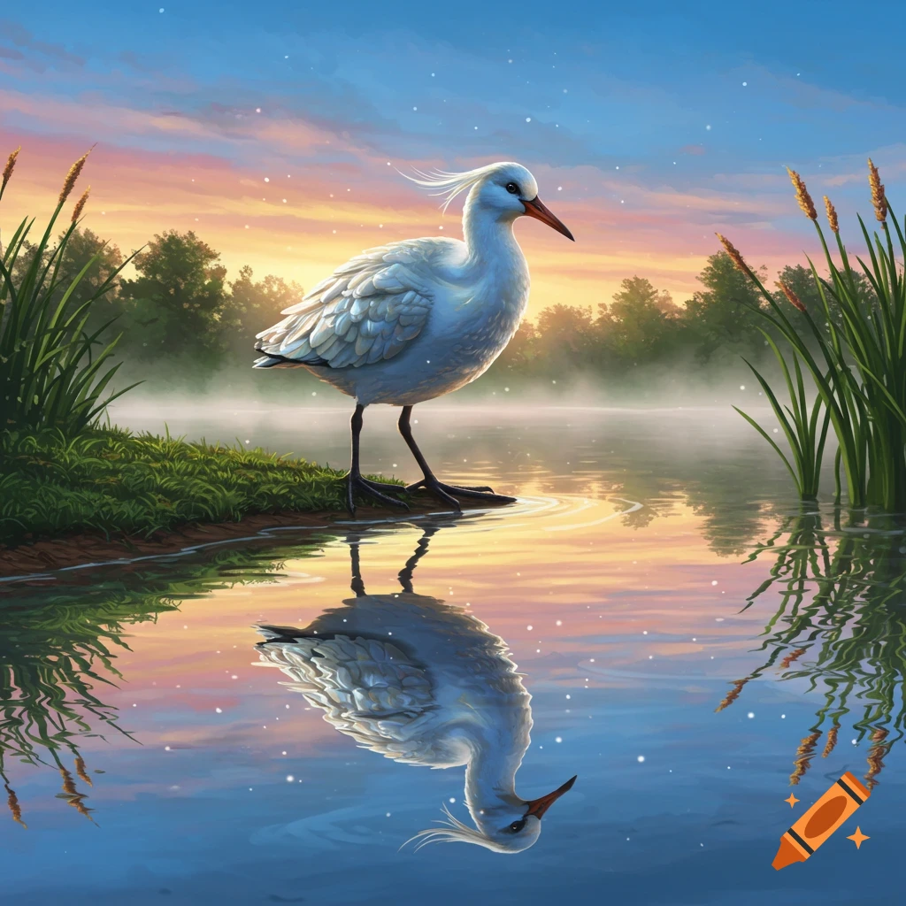 A white water bird with a crest stands on the grassy bank of a misty lake, its reflection clear in the water under a sunset sky.