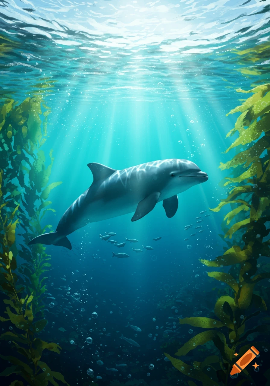 An illustration of a gray harbor porpoise swimming gracefully underwater amidst sunbeams, green kelp forests, and schools of small fish.