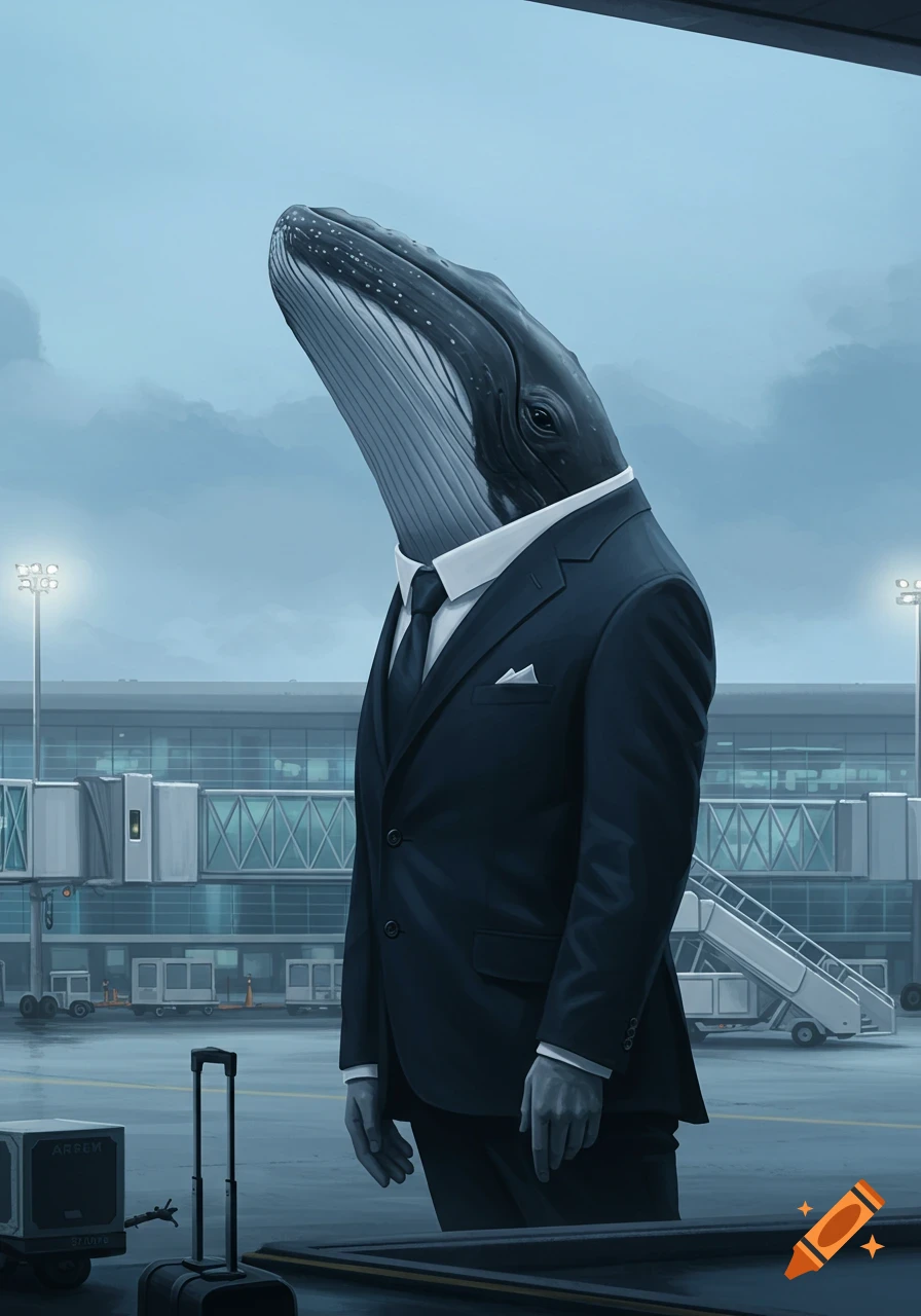 A whale in a dark suit and tie stands at an airport tarmac next to luggage, looking up at a cloudy sky. Stylized illustration.