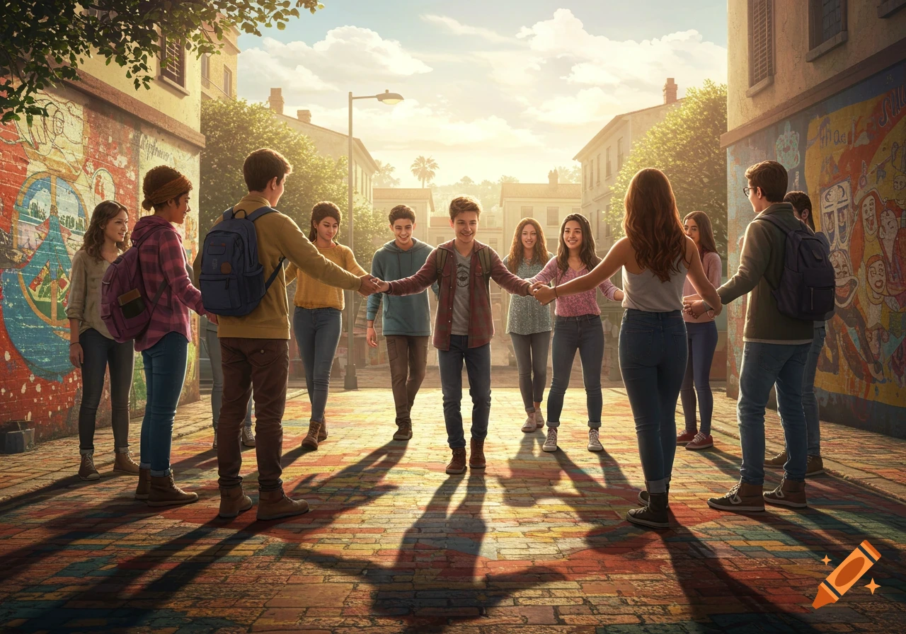 An illustrated group of diverse young people holding hands in a circle in a sunny urban alley with colorful murals.
