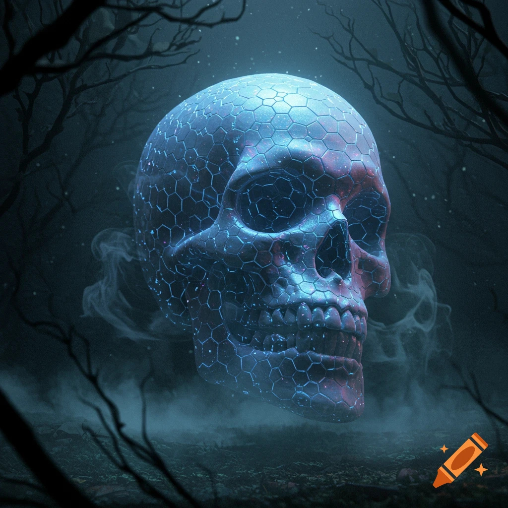 A glowing, futuristic hexagonal skull floats in a dark, misty forest at night, with bare tree branches silhouetted.
