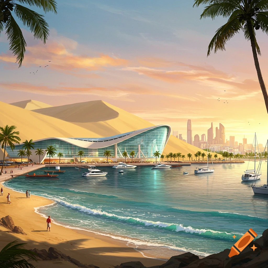 A futuristic glass terminal at a port with yachts, sand dunes, palm trees, and a distant city skyline under a sunset sky.