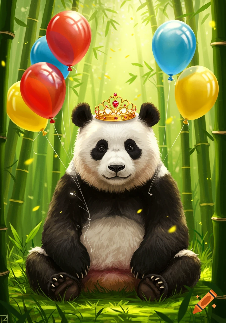 A cute panda wearing a golden crown sits in a vibrant bamboo forest, surrounded by colorful red, blue, and yellow balloons.