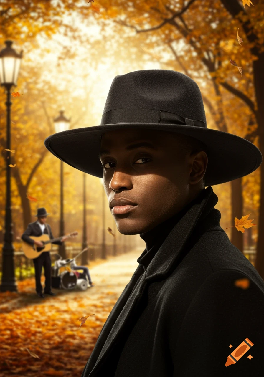 A stylish man in a black fedora and coat stands in an autumn park with falling leaves, photorealistic.