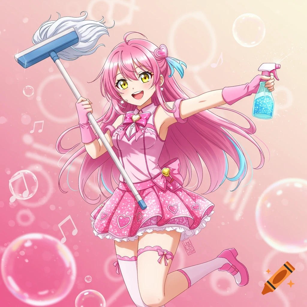 Pink-haired J-pop anime girl in a pink idol outfit, holding a mop and spray bottle, jumping on a bubbly pink background.