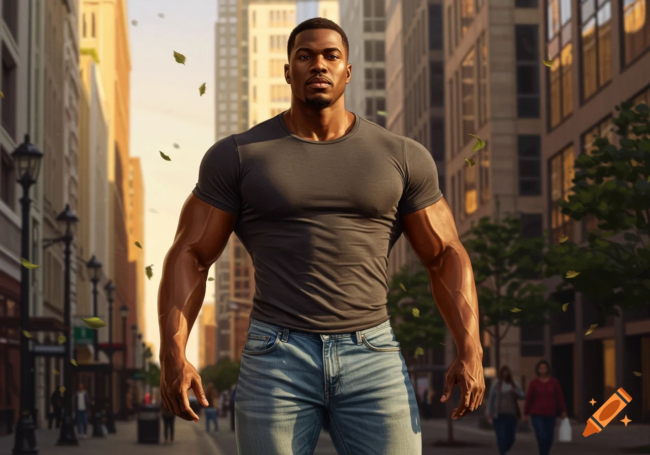 A muscular Black man in a grey t-shirt and jeans stands on a city street with buildings in the background. Photorealistic style.