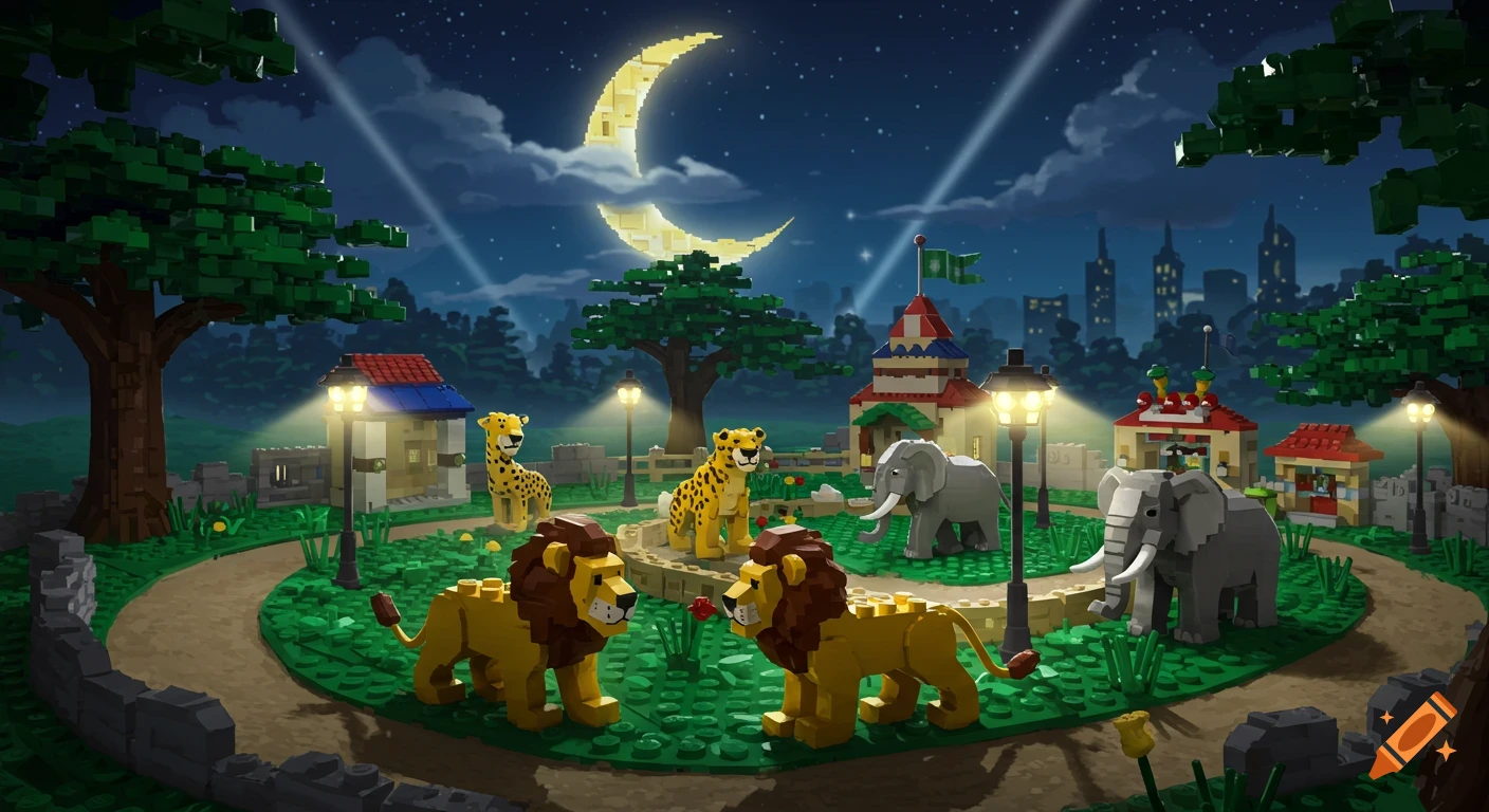 Lego zoo at night with lions, elephants, cheetahs, and buildings under a crescent moon, rendered in a video game style.
