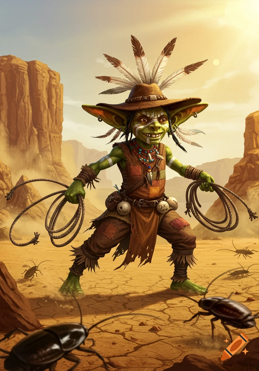 A green goblin in a feather hat and tribal attire, holding two lassos, stands in a desert with giant cockroaches.