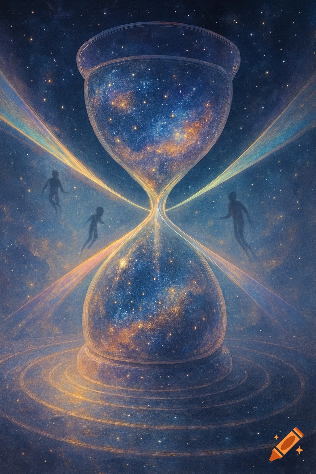 A cosmic hourglass filled with stars and galaxies, surrounded by flowing light and abstract human figures in a starry deep blue sky.